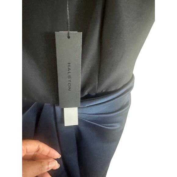 NWT Halston Women's Draped Cocktail Dress M Spaghetti Strap Two-Tone Black Navy - Picture 14 of 16